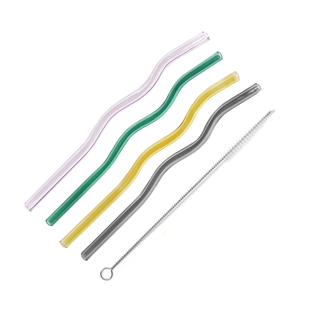 Wavy Glass Drinking Straws Set – Reusable & Colourful (Pack of 4)