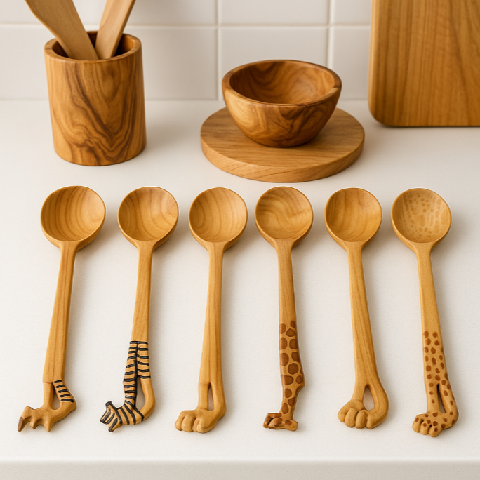 Wooden Teaspoons with Animal Handles- Set of 6