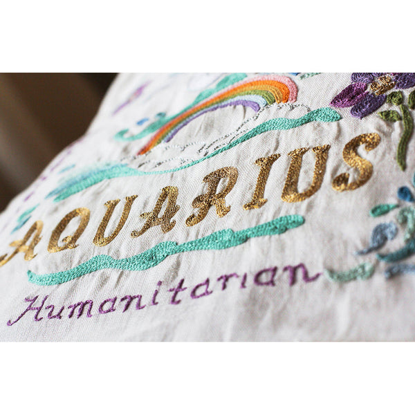 Aquarius Astrology Hand-Embroidered Pillow by Cat Studio-2