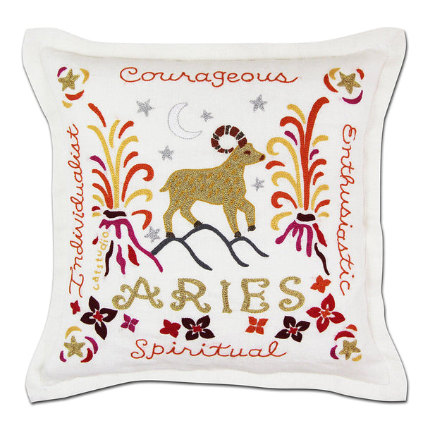 Aries Astrology Hand-Embroidered Pillow by Cat Studio-0