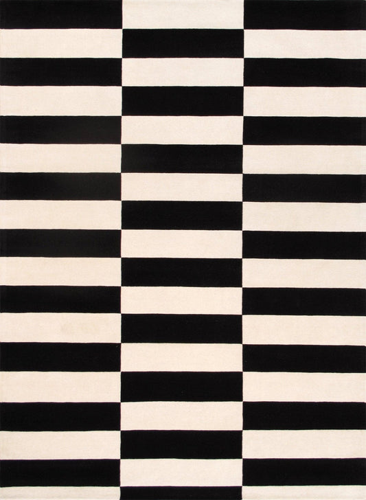 Canvello Modern Hand-Tufted White/Black Bsilk & Wool Area Rug- 7'9" X 9'9"