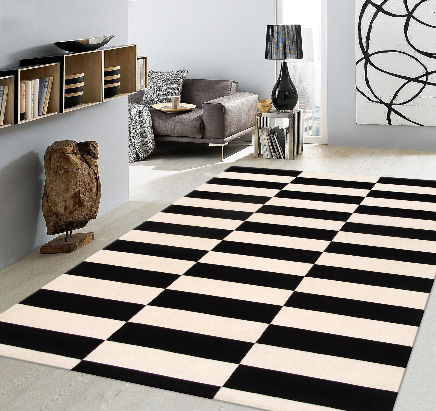 Canvello Modern Hand-Tufted White/Black Bsilk & Wool Area Rug- 7'9" X 9'9"