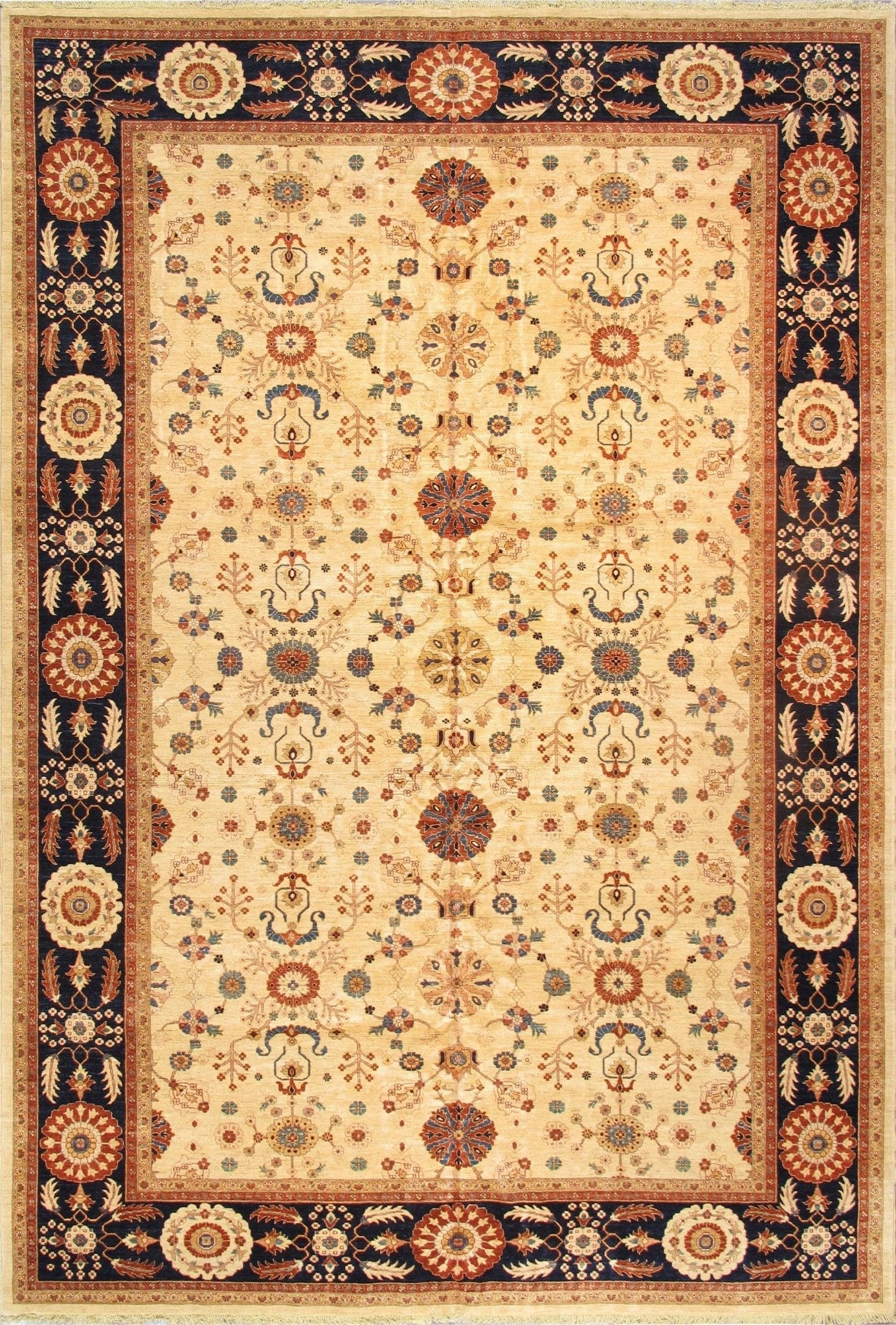 Canvello Nomad Art Sultanabad Hand-Knotted Lamb's Wool Area Rug- 12' X 17'8", Ivory/Navy