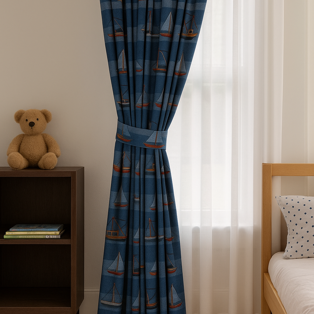 Sailboat Harbour Cotton Kids Curtains – Nautical Boat Print Drapes, Light-Filtering or 100 % Blackout | Made to Measure-1