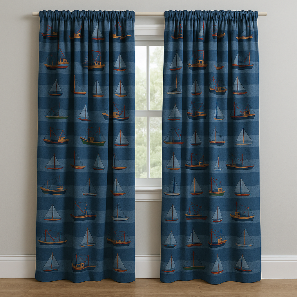 Sailboat Harbour Cotton Kids Curtains – Nautical Boat Print Drapes, Light-Filtering or 100 % Blackout | Made to Measure-3