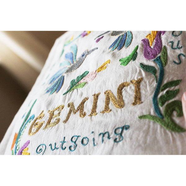 Gemini Astrology Hand-Embroidered Pillow by Cat Studio-2