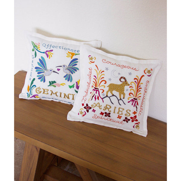 Gemini Astrology Hand-Embroidered Pillow by Cat Studio-3