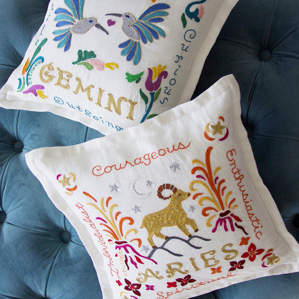 Gemini Astrology Hand-Embroidered Pillow by Cat Studio-4