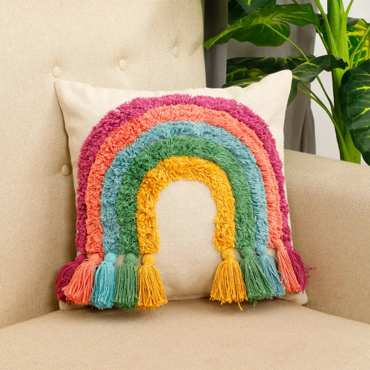 Rainbow Cushion Cover | Cotton | Tufted Tassels | Colorful Boho Decor | 40x40cm-0