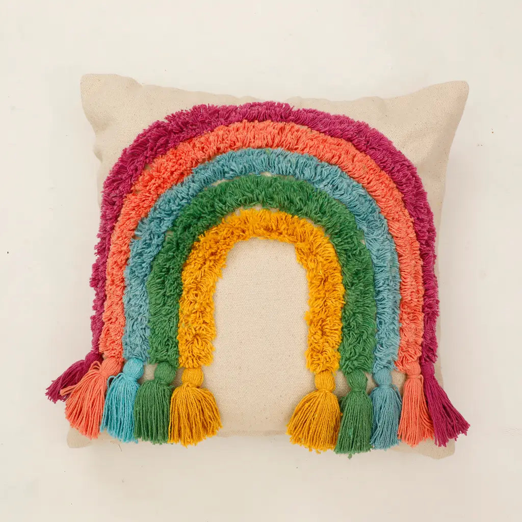 Rainbow Cushion Cover | Cotton | Tufted Tassels | Colorful Boho Decor | 40x40cm-2