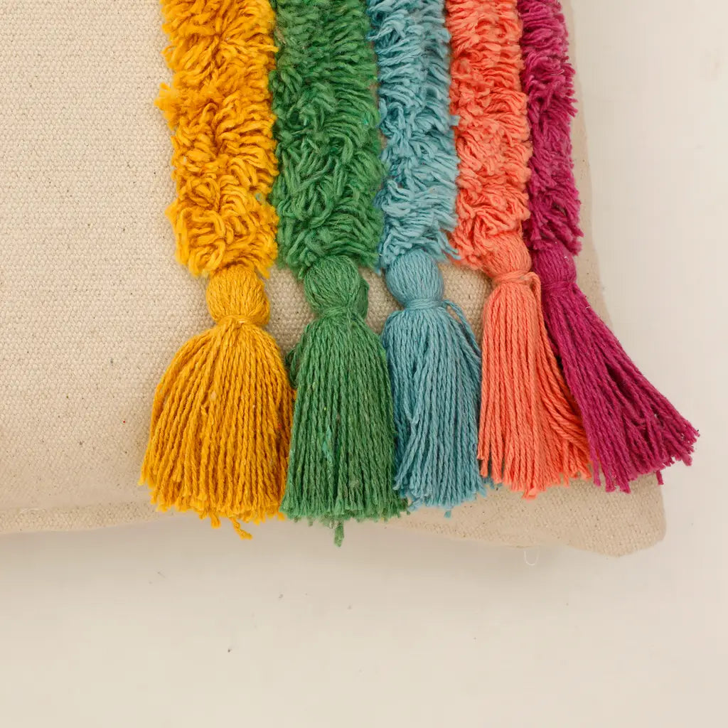 Rainbow Cushion Cover | Cotton | Tufted Tassels | Colorful Boho Decor | 40x40cm-3