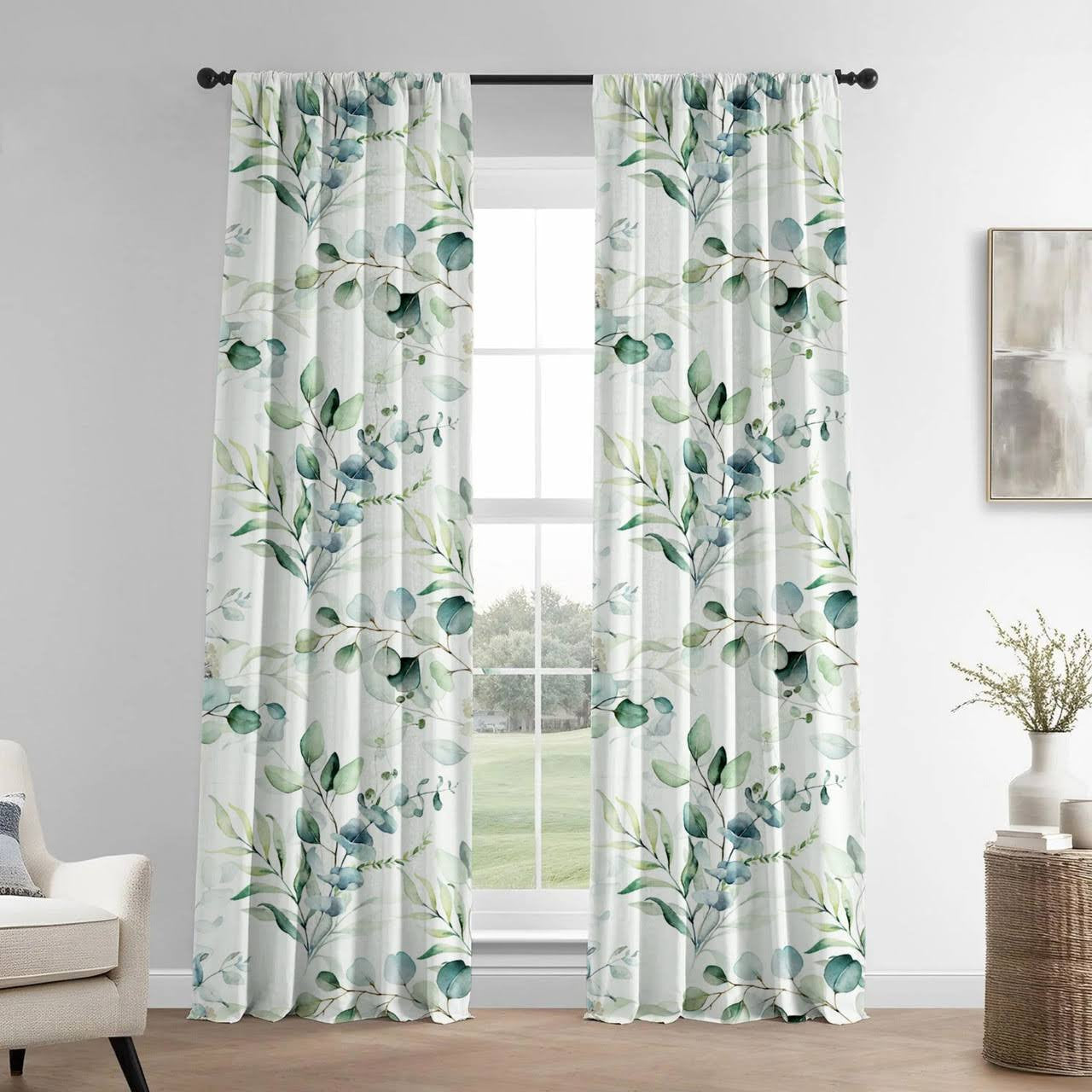 Linen Eucalyptus Curtains UK - Watercolor Leaf Print Light Filtering or Blackout-3