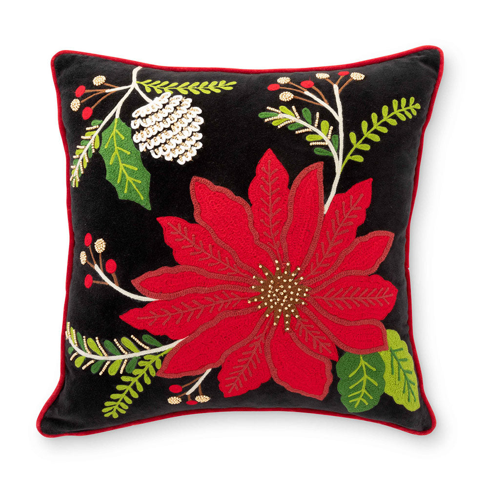 Embroidered Velvet Poinsettia Pillow-0