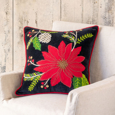 Embroidered Velvet Poinsettia Pillow-1