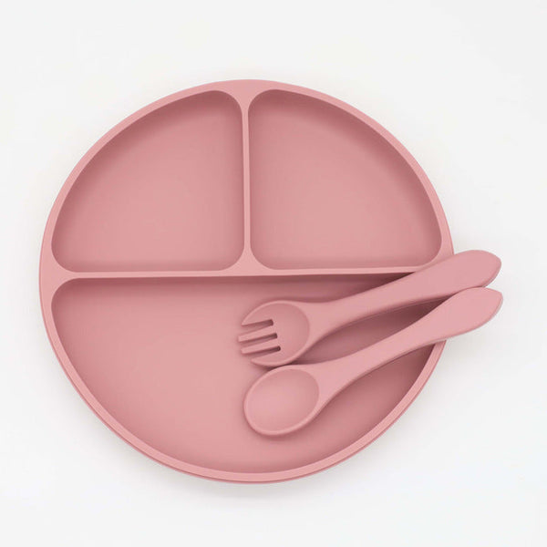 Baby Silicone Round Sucker Compartment Dinner Plate With Spoon Fork Sets-5