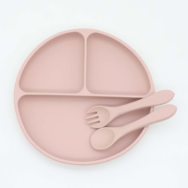 Baby Silicone Round Sucker Compartment Dinner Plate With Spoon Fork Sets-6