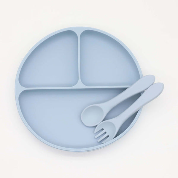 Baby Silicone Round Sucker Compartment Dinner Plate With Spoon Fork Sets-2