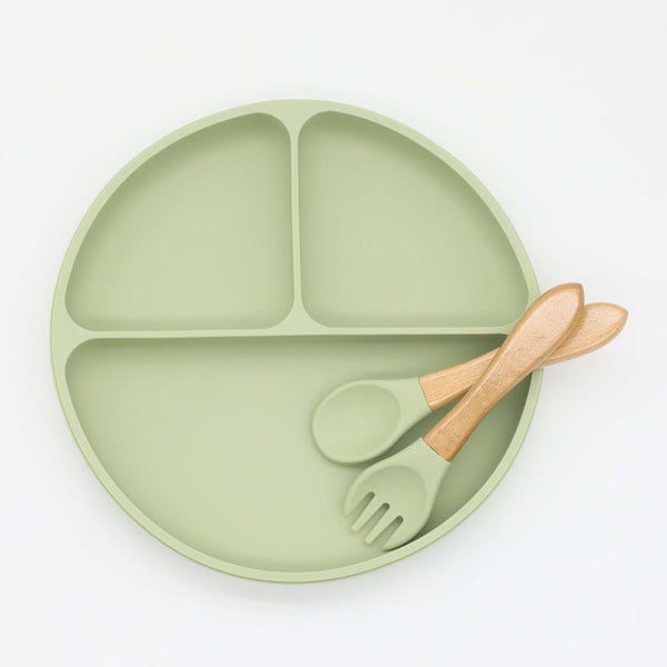 Baby Silicone Round Sucker Compartment Dinner Plate With Spoon Fork Sets-4