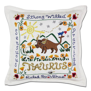 Taurus Astrology Hand-Embroidered Pillow by Cat Studio-0