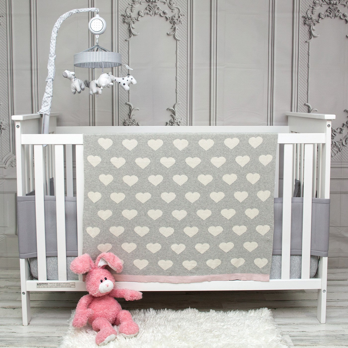 Grey and Ivory Hearts Knitted Baby Blanket-1