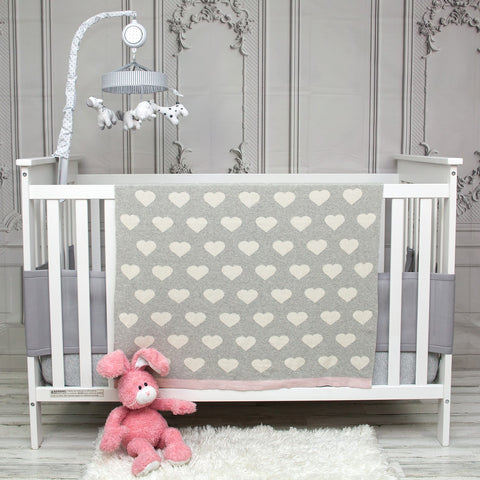 Grey and Ivory Hearts Knitted Baby Blanket-1