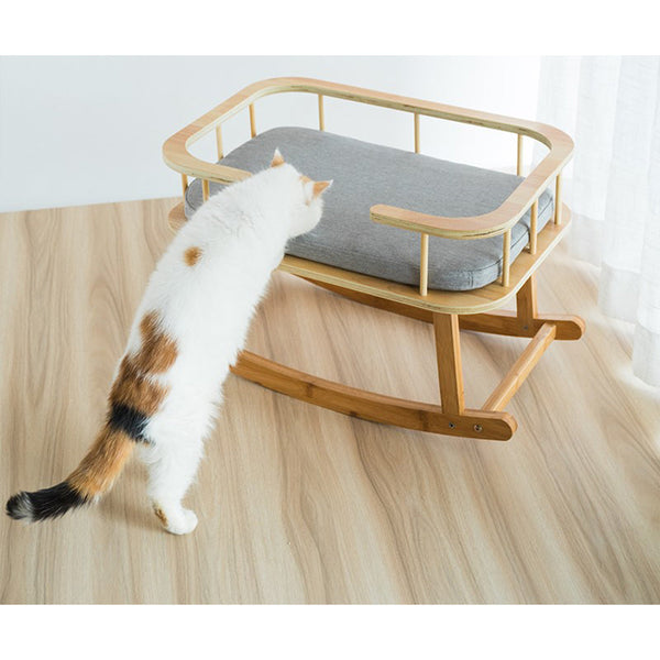 INSTACHEW Rockaby Pet Bed, Comfy and Portable Kitten Couch with Soft Cushion for Small, Medium Cats, Dogs, Long Lasting Cat Furniture, Bamboo Wooden Cot - Grey and Brown