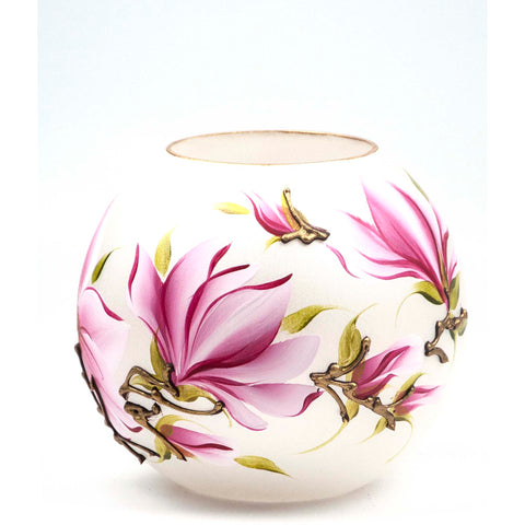 Painted Pink Flowers At Glass Round Vase - 6 inch