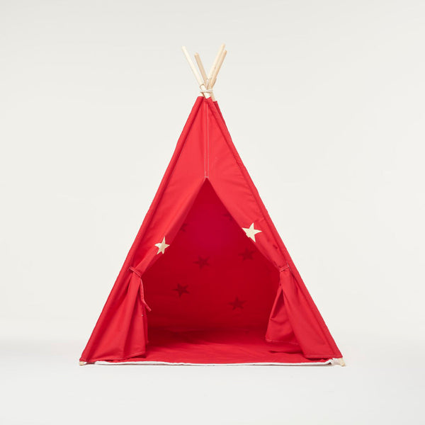Teepee Play Tent Red and Fluorescent Stars with Cushion