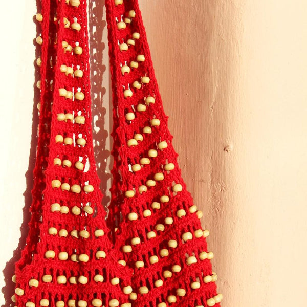 Karma Wooden Crochet Beads Bag in Red