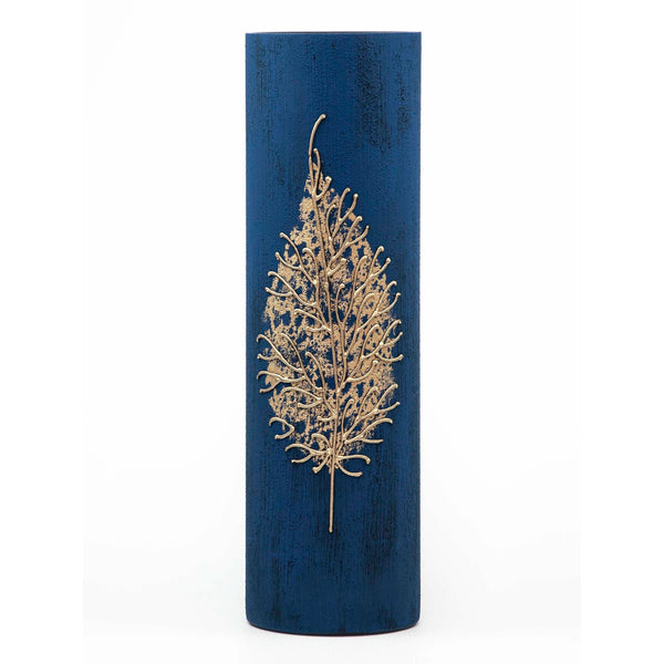Vase cylindrique en verre décoré de feuilles d'or 16"