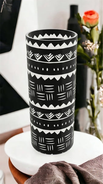 Frosted Black & White Bogolan, Mouth-Blown Glass Vase-0