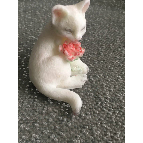 Gato sosteniendo una flor y un corazón de jabón