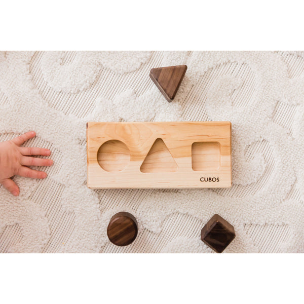CUBOS-BASIC with Walnut inserts (100% Natural,Shape Sorter,Hardwood, Made in Canada)