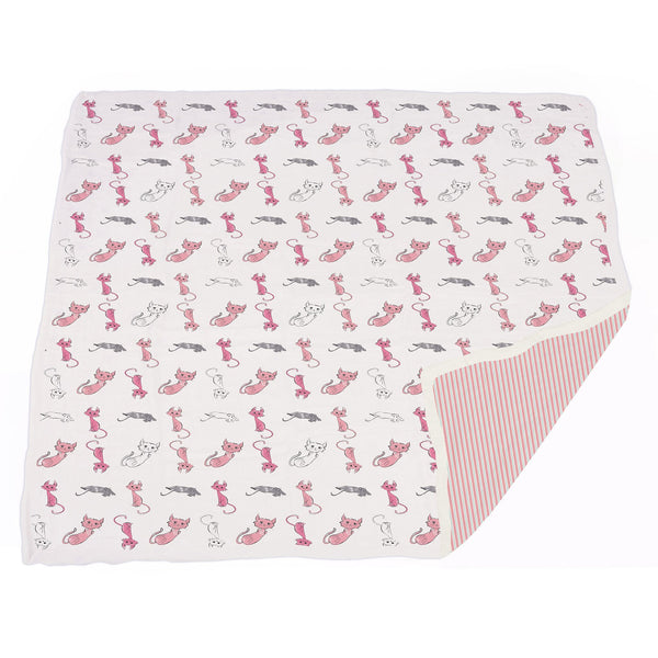 Playful Kitty and Candy Stripe Bamboo Muslin Blanket